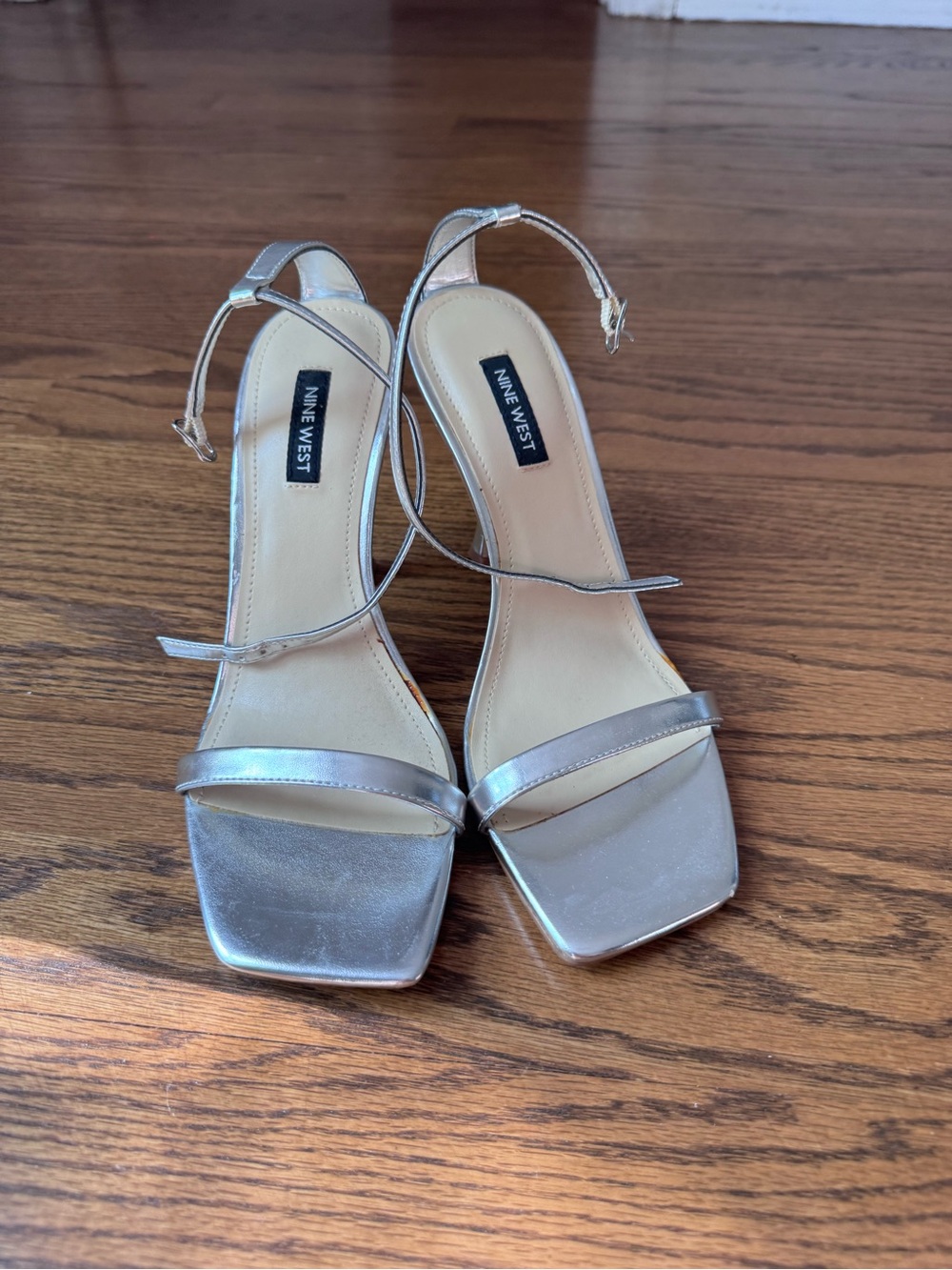 Nine West Metallic Silver Strappy Square-Toe Heels